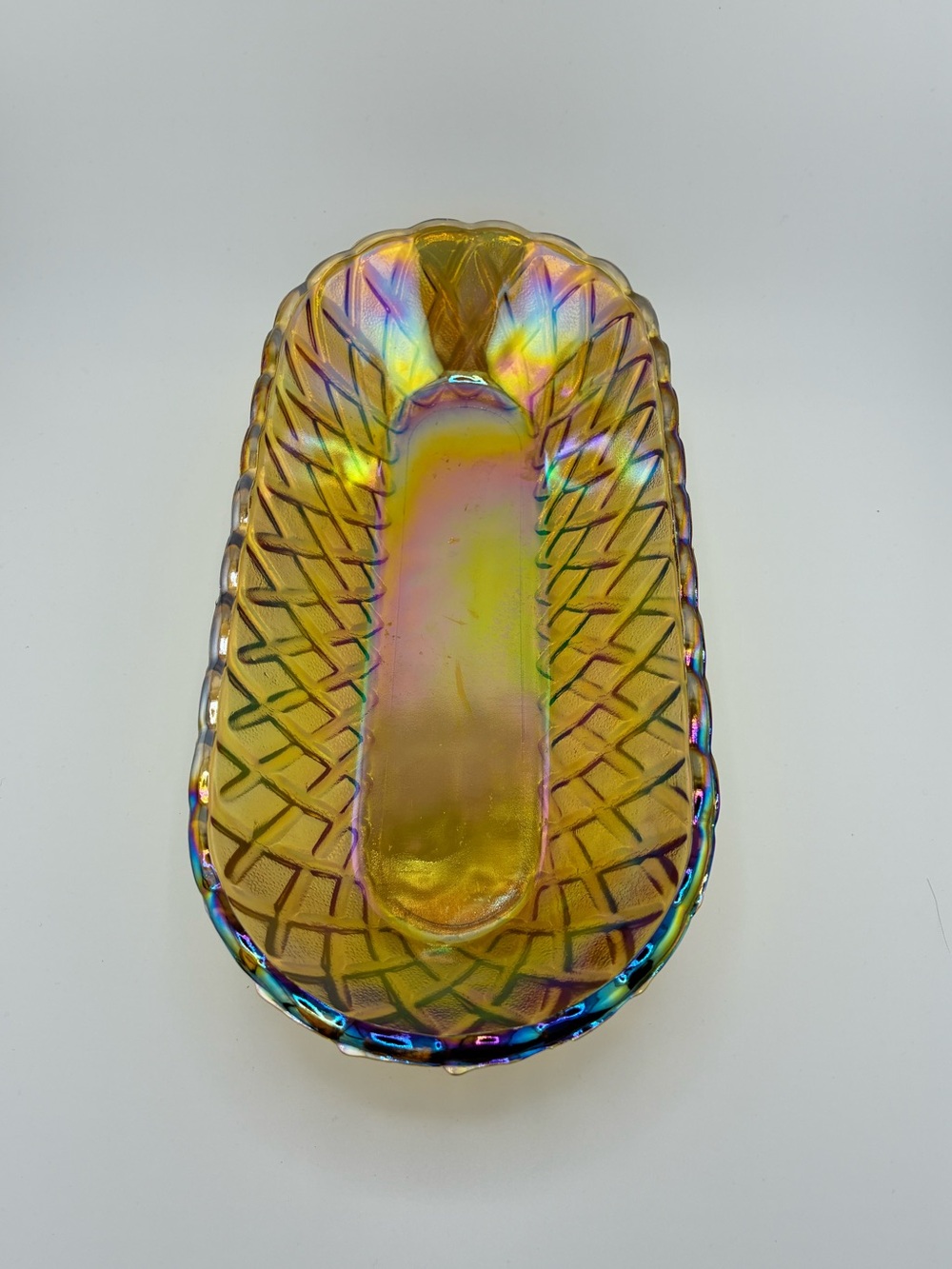 Vintage Marigold Iridescent Carnival Glass weave pattern dish
